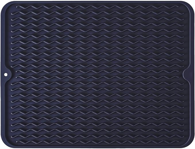 Large 14" x 11" Silicone Dish Drying Mat for Kitchen Counter, Easy clean, Quick Dry, Heat-resistant Dish Drainer Mat for Sink,Refrigerator or Drawer liner (Food Grade Silicone-Dark Blue)