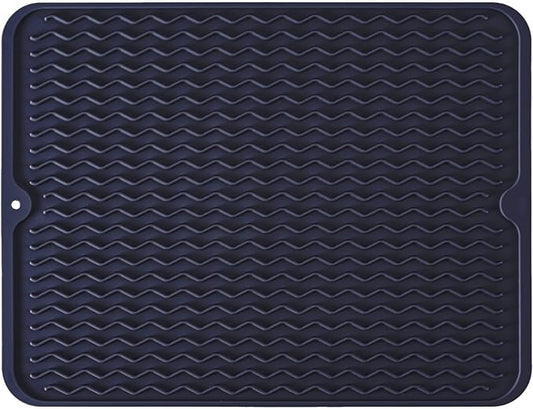 Silicone Dish Drying Mat for Multiple Usage, Easy clean, Eco-friendly, Heat-resistant Dish Drainer Mat for Kitchen Counter,Sink,Refrigerator or Drawer liner (18" x 16", Dark Blue)