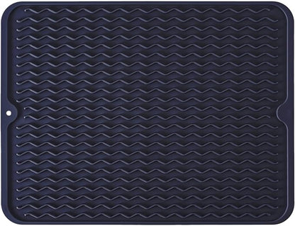 Silicone Dish Drying Mat for Multiple Usage, Easy clean, Eco-friendly, Heat-resistant Dish Drainer Mat for Kitchen Counter,Sink,Refrigerator or Drawer liner (16" x 12", Dark Blue)