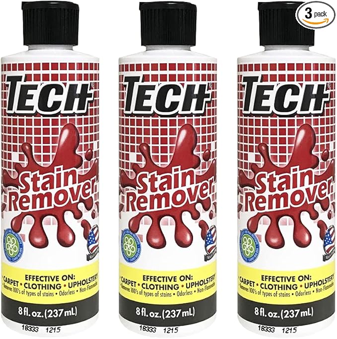TECH Multi-Purpose Stain Remover | For Carpet, Clothes, Baby, Furniture, Pet, Laundry, Rug Stains | Red Wine, Blood, Coffee, Armpit Stain Remover All-In-One Solution | (3 Pack of 8oz Bottles)