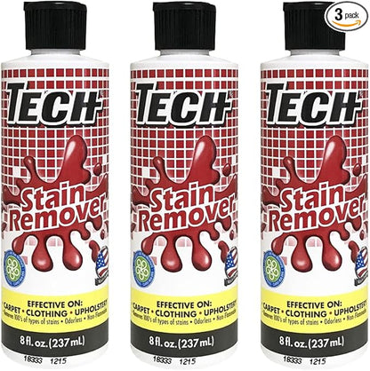 TECH Multi-Purpose Stain Remover | For Carpet, Clothes, Baby, Furniture, Pet, Laundry, Rug Stains | Red Wine, Blood, Coffee, Armpit Stain Remover All-In-One Solution | (3 Pack of 8oz Bottles)