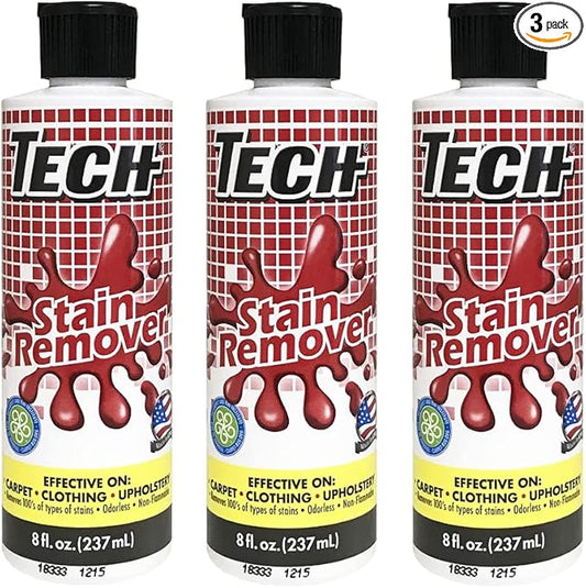 TECH Multi-Purpose Stain Remover | For Carpet, Clothes, Baby, Furniture, Pet, Laundry, Rug Stains | Red Wine, Blood, Coffee, Armpit Stain Remover All-In-One Solution | (3 Pack of 8oz Bottles)
