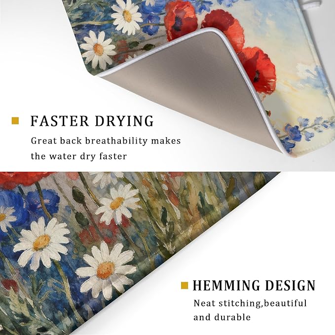 4th of July Dish Drying Mat for Kitchen Counter 18x24 Patriotic Floral Independence Day Memorial Holiday Absorbent Reversible Microfiber Drying Mats Kitchen Countertop Protector Dishes Drainer Pad