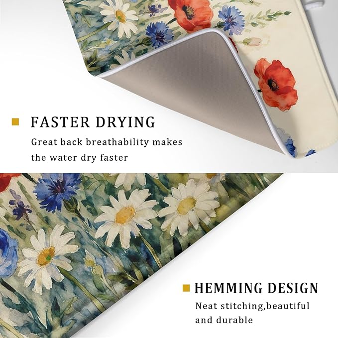 4th of July Dish Drying Mat for Kitchen Counter 18x24 Red Blue White Patriotic Floral Memorial Day Holiday Absorbent Reversible Microfiber Drying Mats Kitchen Countertop Protector Dishes Drainer Pad