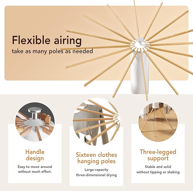 Foldable Tripod Clothes Drying Rack,Beechwood & Portable Laundry Stand, Space-Saving Collapsible Hanger with 16 Arms for Indoor & Outdoor Drying – Easy Setup, Stable Base, Fast Air-Drying Design
