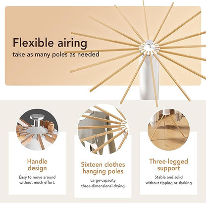 Foldable Tripod Clothes Drying Rack,Beechwood & Portable Laundry Stand, Space-Saving Collapsible Hanger with 16 Arms for Indoor & Outdoor Drying – Easy Setup, Stable Base, Fast Air-Drying Design