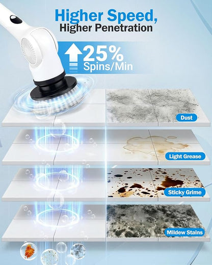 Electric Spin Scrubber, 3-Speed Cordless Shower Scrubber with 90° Adjustable & 10 Replaceable Brush Heads, 90 Mins Runtime & Full-Body IPX7 Waterproof Shower Cleaner Brush with Long Handle