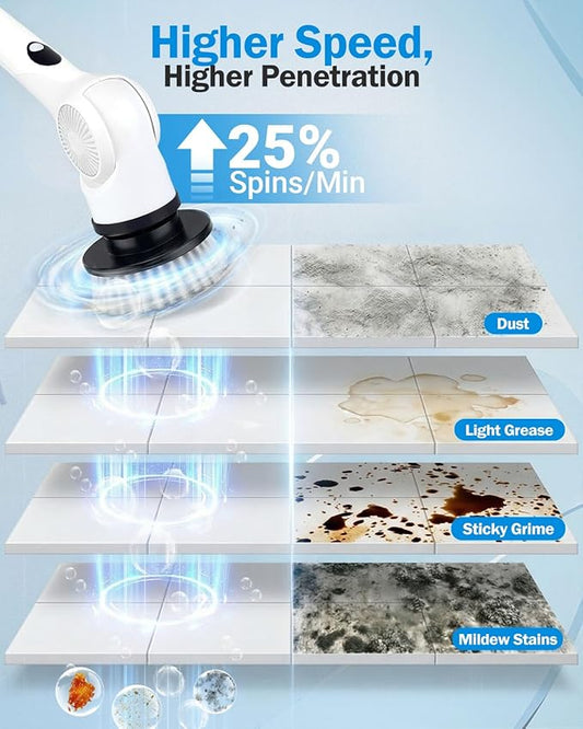 Electric Spin Scrubber, 3-Speed Cordless Shower Scrubber with 90° Adjustable & 10 Replaceable Brush Heads, 90 Mins Runtime & Full-Body IPX7 Waterproof Shower Cleaner Brush with Long Handle