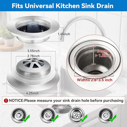 Upgraded 3-in-1 Kitchen Sink Drain Strainer, Stainless Steel Pop Up Kitchen Sink Stopper, Drain Plug for 3.5 Inch Sink Drain Hole, with Anti-Clogging Sink Strainer Basket Filter, Brushed Silver