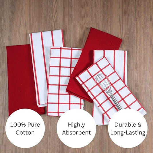 Assorted Waffle Kitchen Towels 100% Cotton Set of 6 - Heavy Duty 320 GSM Quality Dish Cloths - Soft Absorbent Washable for Kitchen Use - Quick Drying Dish Towel 16x26 inch Red