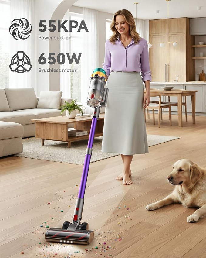 Cordless Vacuum Cleaner, 55KPA 65Mins XL Dust Cup Vacuum Cleaners for Home, Stick Vacuum with Anti-Tangle Brush,LED Display,Self-Standing, Vacuum Cordless for Hardwood Floor, Carpet, Pet Hair,Purple
