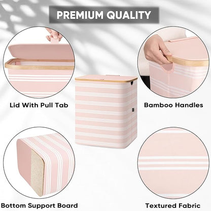 BALEINE Laundry Hamper with Lid, Tall Laundry Baskets with Bamboo Pull Handles, Large Laundry Bin with Internal Support (36 Gal/140L, Pink Pinstripe)