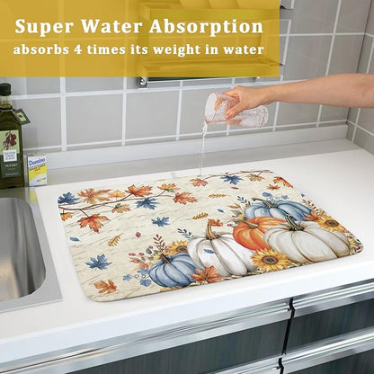 Fall Pumpkin Dish Drying Mat for Kitchen Counter 18x24 Inch Vintage Autumn Thanksgiving Absorbent Reversible Microfiber Dish Drainer Rack Mats Countertops Protector Mat