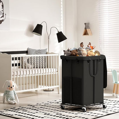 160L Large Laundry Hampers with Lid, Oxford Fabric Laundry Hampers, Metal Frame and Removable Bag Design with Wheels, Suitable for Bedroom, Bathroom, Dorm Room, Laundry Room (Black Lid Rope)