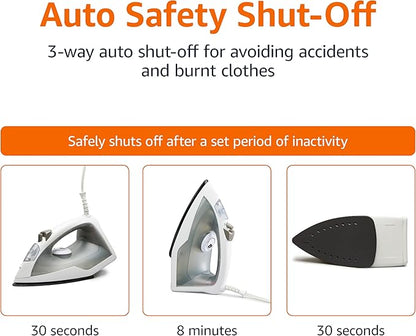 Amazon Basics 1200W 10” Steam Iron, With Non-Stick Teflon Soleplate, 5 Fl Oz Water Tank (150 ML), Auto Shut-Off, Anti-Drip, Anti-Calcification, Thermostat, 6.5Ft Cord, Gray