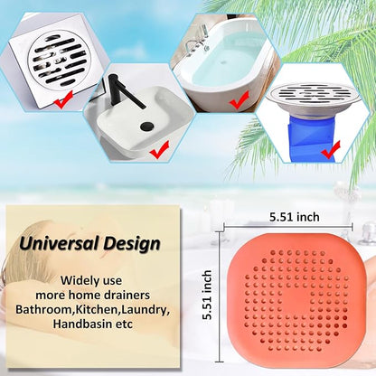 Hair Drain Catcher,Square Drain Cover for Shower Silicone Hair Stopper with Suction Cup,Easy to Install Suit for Bathroom,Bathtub,Kitchen 2 Pack (Orange)