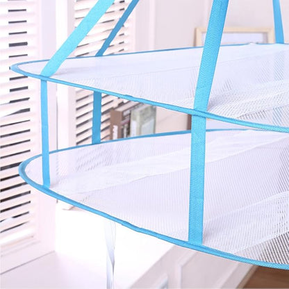 2-Tier Folded Mesh Clothes Drying Rack, Stackable Sweater Laundry Drying Rack, Foldable Hanging Mesh Dryer, Portable Hanging Laundry Rack for T-Shirt, Swimsuit, Underwear (Blue, 30.7"x24"x23.6")