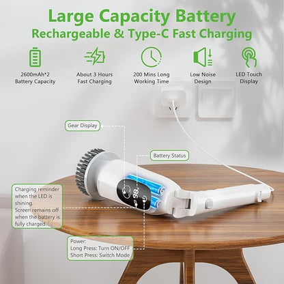 Electric Spin Scrubber, Cordless Cleaning Brush, 3H Work Time, Bathroom Scrubber with LED Display, 3-Speed Extendable Handle, IPX7 Waterproof, 8 Brush Heads for Shower, Tile, Tub, Floor, Toilet, Grout