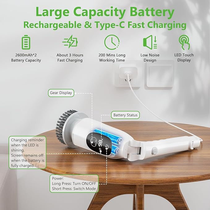 Electric Spin Scrubber, Cordless Cleaning Brush, 3H Work Time, Bathroom Scrubber with LED Display, 3-Speed Extendable Handle, IPX7 Waterproof, 8 Brush Heads for Shower, Tile, Tub, Floor, Toilet, Grout