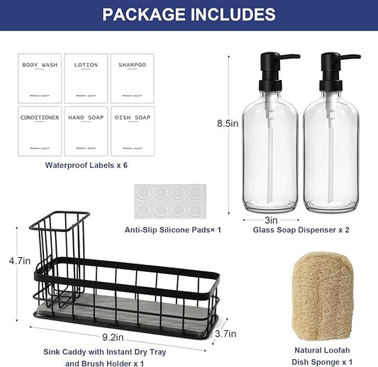 Dish Soap Dispenser for Kitchen, 16.9 fl oz Clear Hand and Dish Soap Dispensers, Kitchen Soap Dispenser Set with Sponge Holder, Brush Holder and Loofah Sponge, Countertop Sink Organizer Accessories
