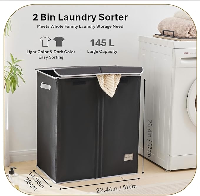Dual Laundry Hamper with Lid and 2 Removable Liners, 145L Laundry Basket, 2 Sections for Easy Sorting, Collapsible Design, Dirty Clothes Hampers, Bedroom, Dorm, College, Black