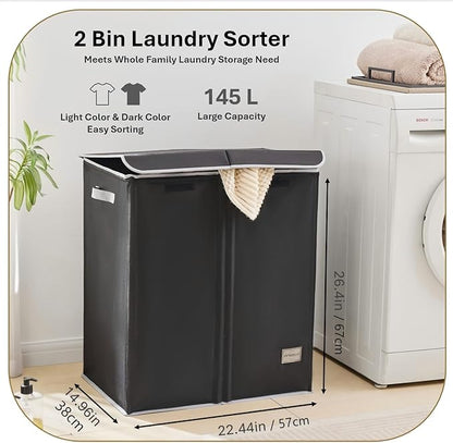 Dual Laundry Hamper with Lid and 2 Removable Liners, 145L Laundry Basket, 2 Sections for Easy Sorting, Collapsible Design, Dirty Clothes Hampers, Bedroom, Dorm, College, Black