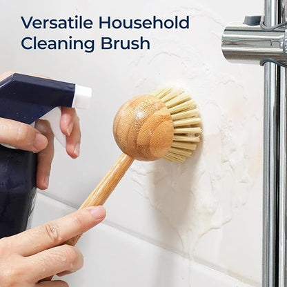 2 Pack Dish Brush with Handle, Bamboo Dish Scrub Brush, Kitchen Brushes for Dishes, Scrubber, Pots, Pans, Sink, Dishwashing Cleaning Brush