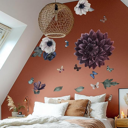 Fabric Peel and Stick Floral Wall Decal, Self-Adhesive Peony Flowers Wallpaper, Black Rose Sticker for Living Room Bedroom Wall Decor, Eden Peony