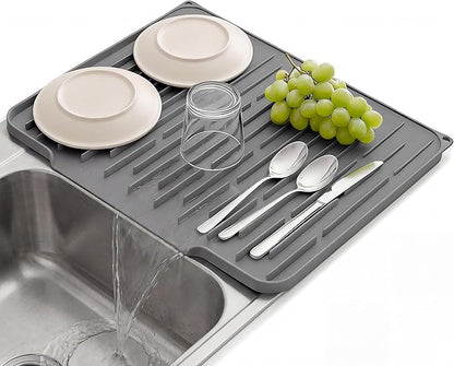 Silicone Dish Drying Mat for Kitchen Counter, Foldable & Heat Resistant Drying Pad with 5° Slope & Wide Drain, 15x12 Inch Non-slip Sink Mat for Bathroom and Countertop.(Dark Grey）