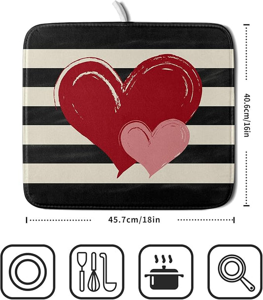 Valentines Day Dish Drying Mat for Kitchen Counter 16x18 Inch Red Pink Love Heart Black Striped Print Absorbent Reversible Microfiber Drying Mats Kitchen Countertop Protector Dishes Drainer Rack Pad