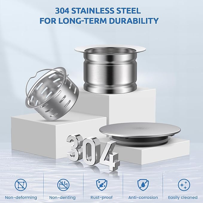 BOTEMY 3-1/2 Inch Extended Garbage Disposal Flange with Deep Strainer and Sink Stopper Flat Cover Kitchen Sink Flange Kit (Brushed)