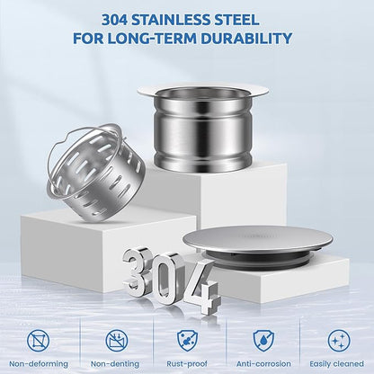 BOTEMY 3-1/2 Inch Extended Garbage Disposal Flange with Deep Strainer and Sink Stopper Flat Cover Kitchen Sink Flange Kit (Brushed)