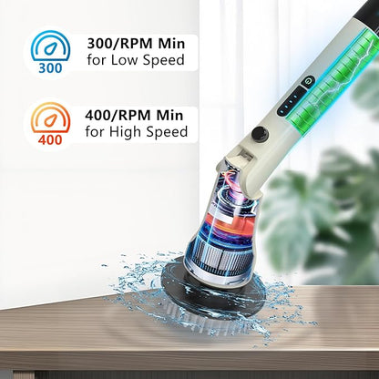Electric Spin Scrubber, Hillyfe Bath Scrubber for Cleaning with 7 Replaceable Brush Heads, IPX7 Waterproof,300/400 RPM, 3 Adjustable Size,Cordless Shower Cleaner Brush for Bathroom Floor,Beige