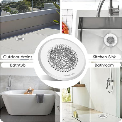 wokdada Drain Hair Catcher: for Bathtub & Shower (Fast Drainage), Reversible 304 Stainless Steel Protector. Fits Pop-Up & Regular Bathroom Drains (Silvery White)