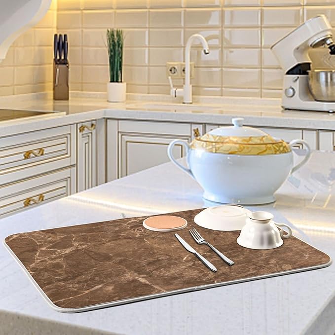 Brown Marble Texture Absorbent Dishes Drainer/Rack Mat for Countertop Small Size 16 x 18, Microfiber Dish Drying Pads Kitchen Counter Draining Pad