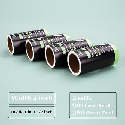 4 inch Lint Roller Refills for PetLovers Evercare Fedicelly Albatross and More Lint Rollers, Extra Sticky 90 Sheets per Refill, Pack of 4 Rolls, 360 Sheets Total (1 1/2 inch Inside Diameter)