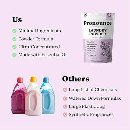 Pronounce Laundry Detergent Powder Alternative | Cleaner Ingredients. Safer for Sensitive Skin. Stain + Smell Fighting. With Essential Oils. HE Safe (Lavender, 120 Loads).