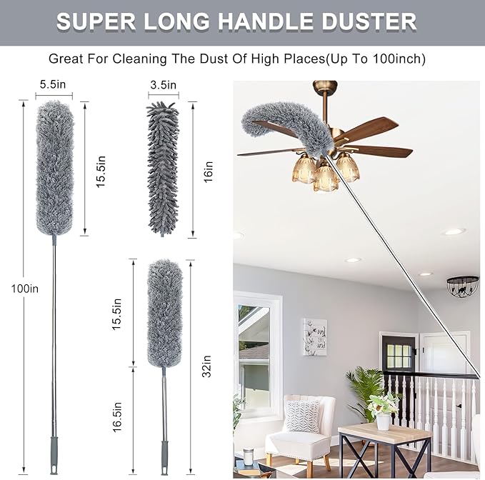 3 Pcs Extendable Microfiber Feather Duster, Electrostatic Bendable Head, Up to 100 Inch Feather Dusters for Cleaning Ceiling Fan, Cobweb, Wall, Furniture