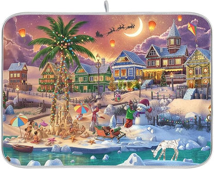 Winter Christmas Dish Drying Mat Cute Microfiber Drying Mats for Kitchen Counter,Reversible,Extra Large 24 x 18 Inches