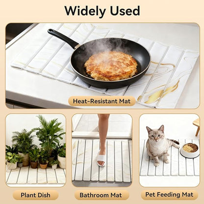 Stone Drying Mat for Kitchen Counter, 24"×16" White Marble Quick Dish Drying Mat with Sanding Pads Non-Slip Roll Up Absorbent Diatomaceous Earth Mat for Countertop, Tableware, Cups