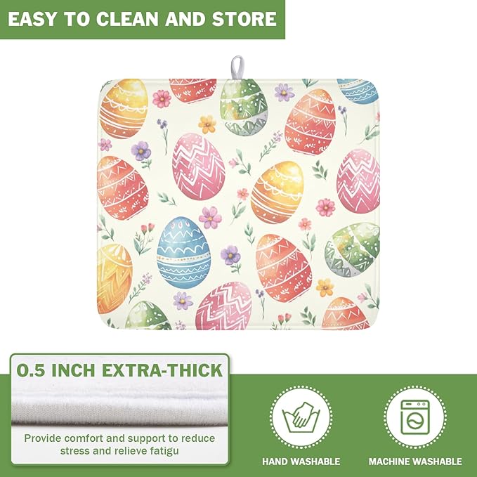 Easter Dish Drying Mat for Kitchen Counter Colorful Easter Eggs Floral Pattern Drying Mat 16x18 Inch Spring Holiday Absorbent Dish Drainer Mat Kitchen Accessories