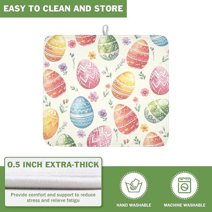 Easter Dish Drying Mat for Kitchen Counter Colorful Easter Eggs Floral Pattern Drying Mat 16x18 Inch Spring Holiday Absorbent Dish Drainer Mat Kitchen Accessories