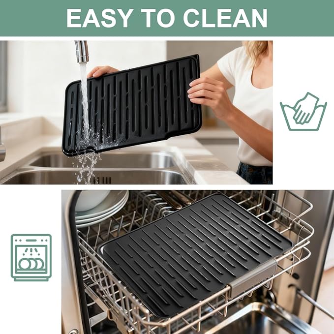 Silicone Kitchen Countertop Dish Drying Mat with Water Collection Tray Non-Slip Pad ( Black)