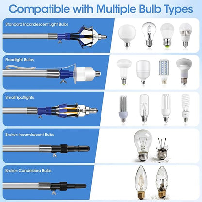 Light Bulb Changer for High Ceilings, 3.4-12.4FT Extension Pole Telescopic Extension Poles for Cleaning, Ceiling Fan Cleaner Duster Kit with Baskets, Suction Cup, Plush Brush for Roof Window Cleaning