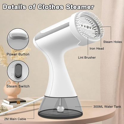 BUNUD Handheld Steamer for clothes 1500W: 20S Heat-up Garment Clothes Steamer with 300ml Water Tank - Portable Fabric Wrinkle Remover - Steam Iron 2 In 1 with Brush for Home/Office/Travel (White)