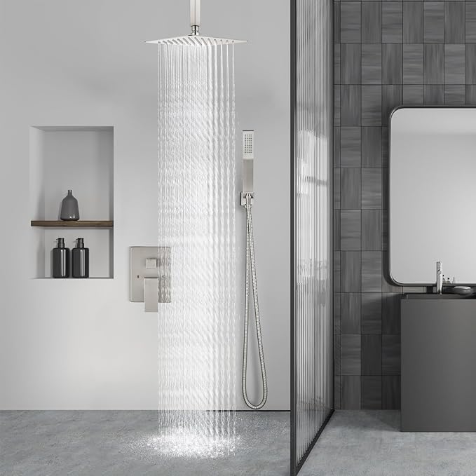Aolemi Ceiling Mount Shower System Rain Shower Head with Handheld Spray High Pressure Shower Faucet Set Rough-in Valve Shower Trim Kit Included Bathroom Brushed Nickel 8 Inch Ceiling Shower Head