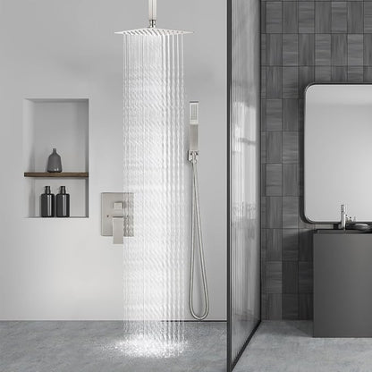 Aolemi Ceiling Mount Shower System Rain Shower Head with Handheld Spray High Pressure Shower Faucet Set Rough-in Valve Shower Trim Kit Included Bathroom Brushed Nickel 8 Inch Ceiling Shower Head