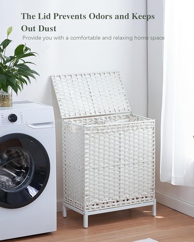 Laundry Hamper with Lid,112 L Handwoven Rattan Wicker Laundry Basket, 2 Removable Liner Bags Metal Heightened Feet,6 Mesh Bags,2 Section Large Clothes Hamper for Bathroom Bedroom, Cloud White