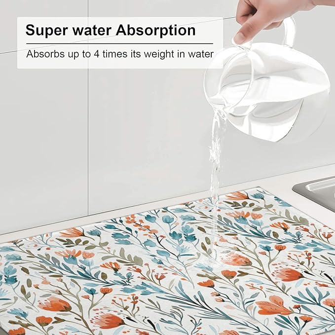 Burnt Orange Teal Floral Dish Drying Mats for Kitchen Counter & Sink, 18" x 24" Absorbent Microfiber Cute Drying Pad for Dishes, Washable Foldable Teal and Orange Dishes Drainer Mats, Boho Home Decor