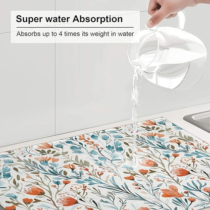 Burnt Orange Teal Floral Dish Drying Mats for Kitchen Counter & Sink, 18" x 24" Absorbent Microfiber Cute Drying Pad for Dishes, Washable Foldable Teal and Orange Dishes Drainer Mats, Boho Home Decor